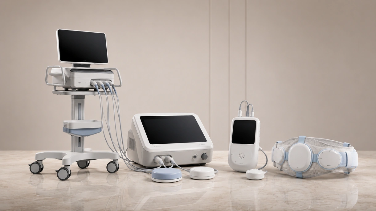 Ostetrica che monitora la frequenza cardiaca fetale su un display professionale da posto letto durante una procedura clinica in sala parto.