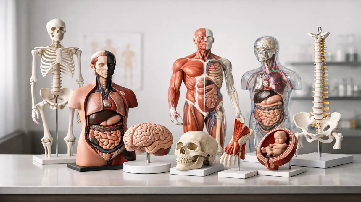 Studenti di medicina che esaminano un modello di scheletro umano a grandezza naturale durante una sessione di formazione avanzata in anatomia clinica in un laboratorio.