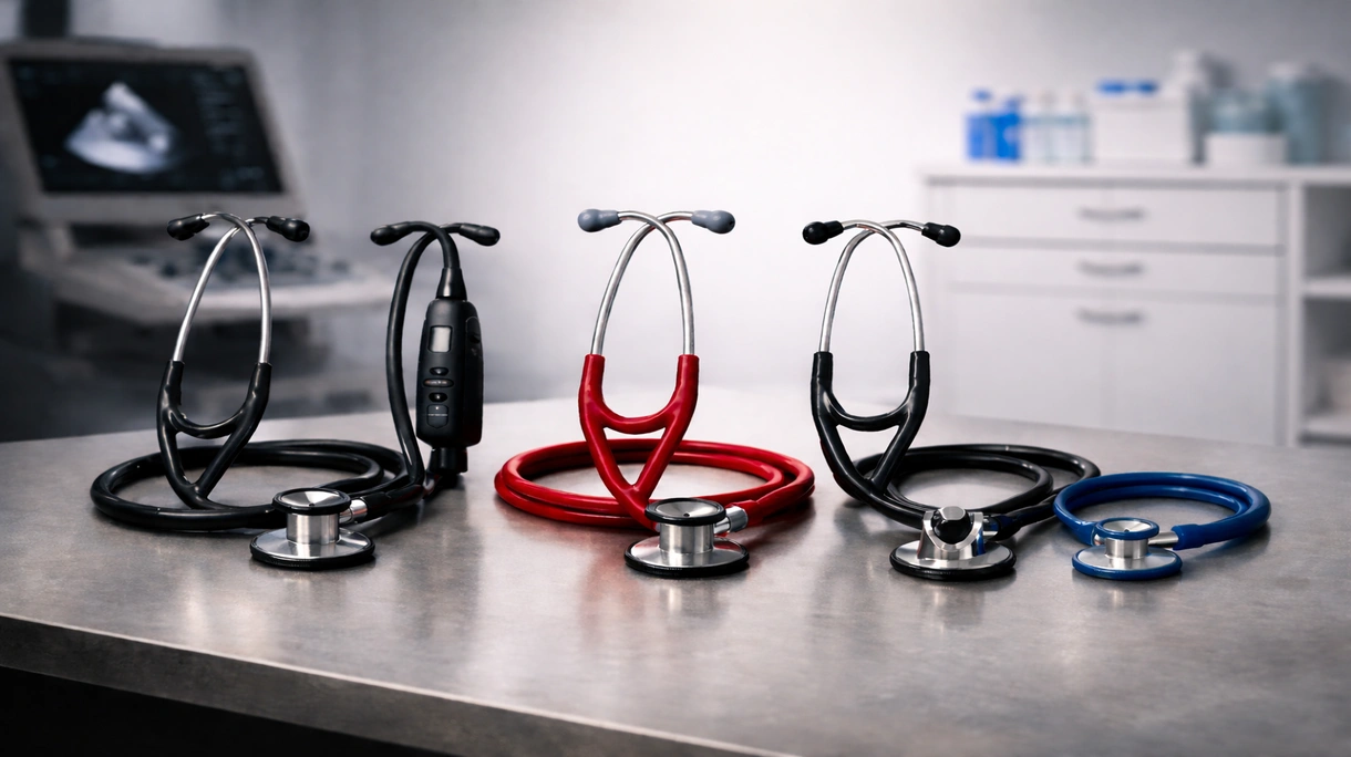 Un cardiologo utilizza uno stetoscopio ad alte prestazioni per eseguire un esame diagnostico cardiaco su un paziente in un contesto clinico.