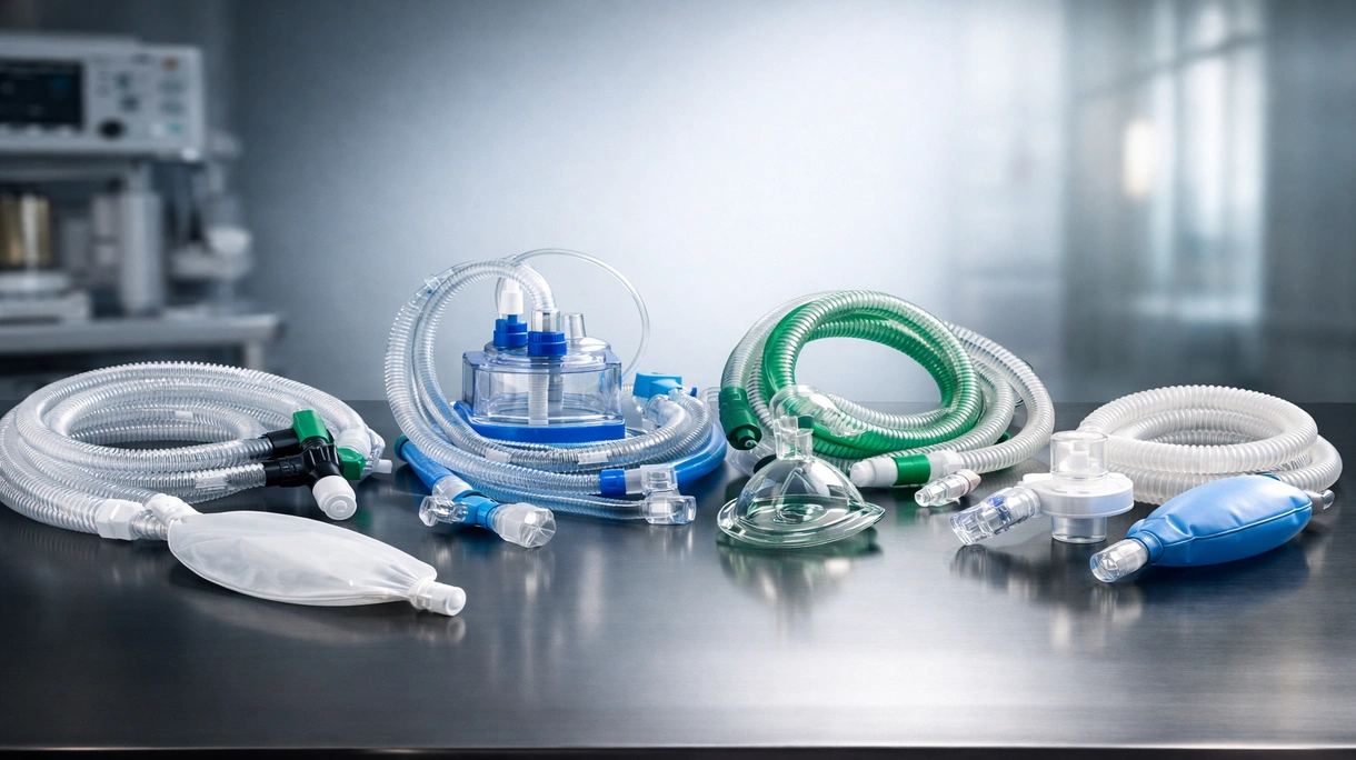 Circuito respiratorio professionale collegato a una stazione per anestesia durante una procedura chirurgica in una sala operatoria sterile.