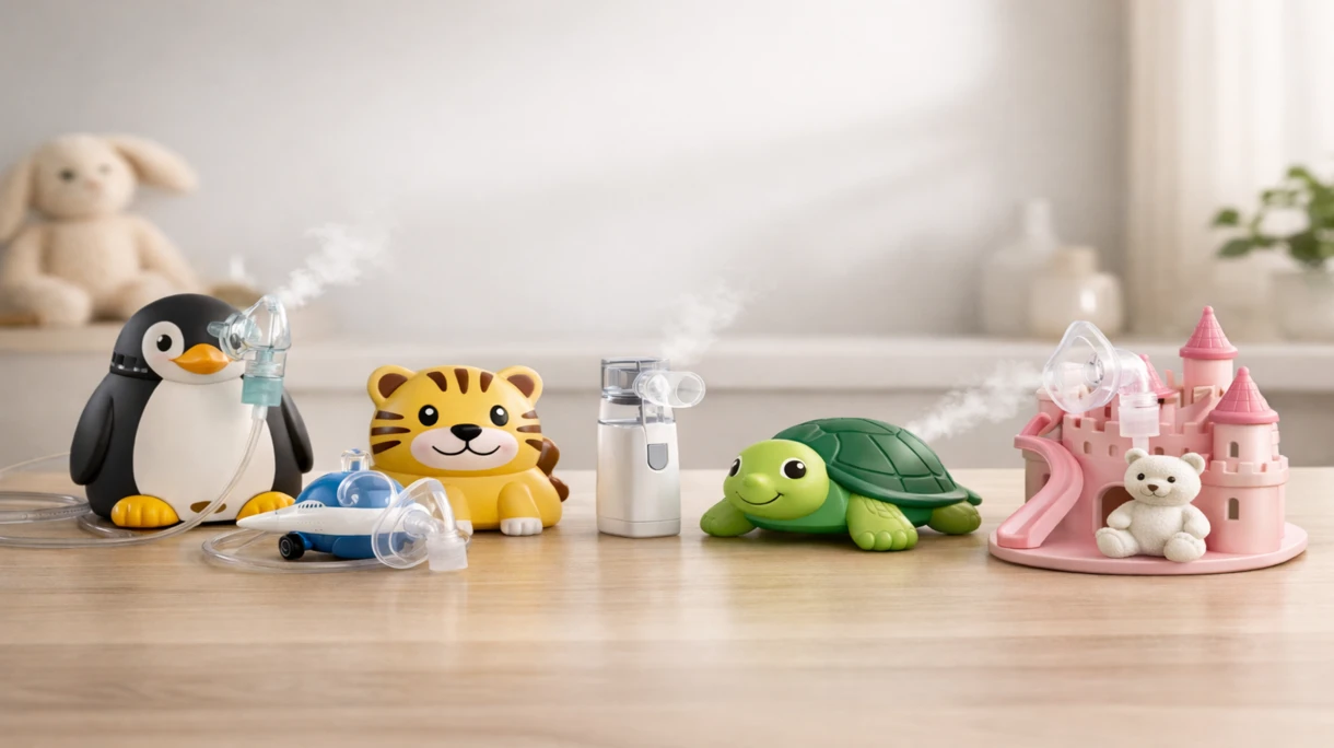 Paziente pediatrico che utilizza un nebulizzatore pediatrico a mesh professionale con una maschera colorata in un ambiente clinico ospedaliero.