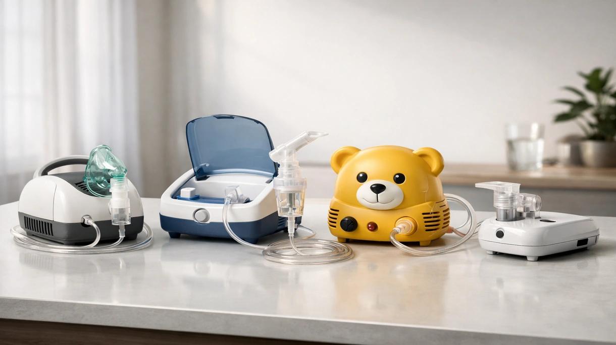 Professionista sanitario che somministra una terapia respiratoria utilizzando un nebulizzatore con compressore per uso clinico in un reparto ospedaliero.