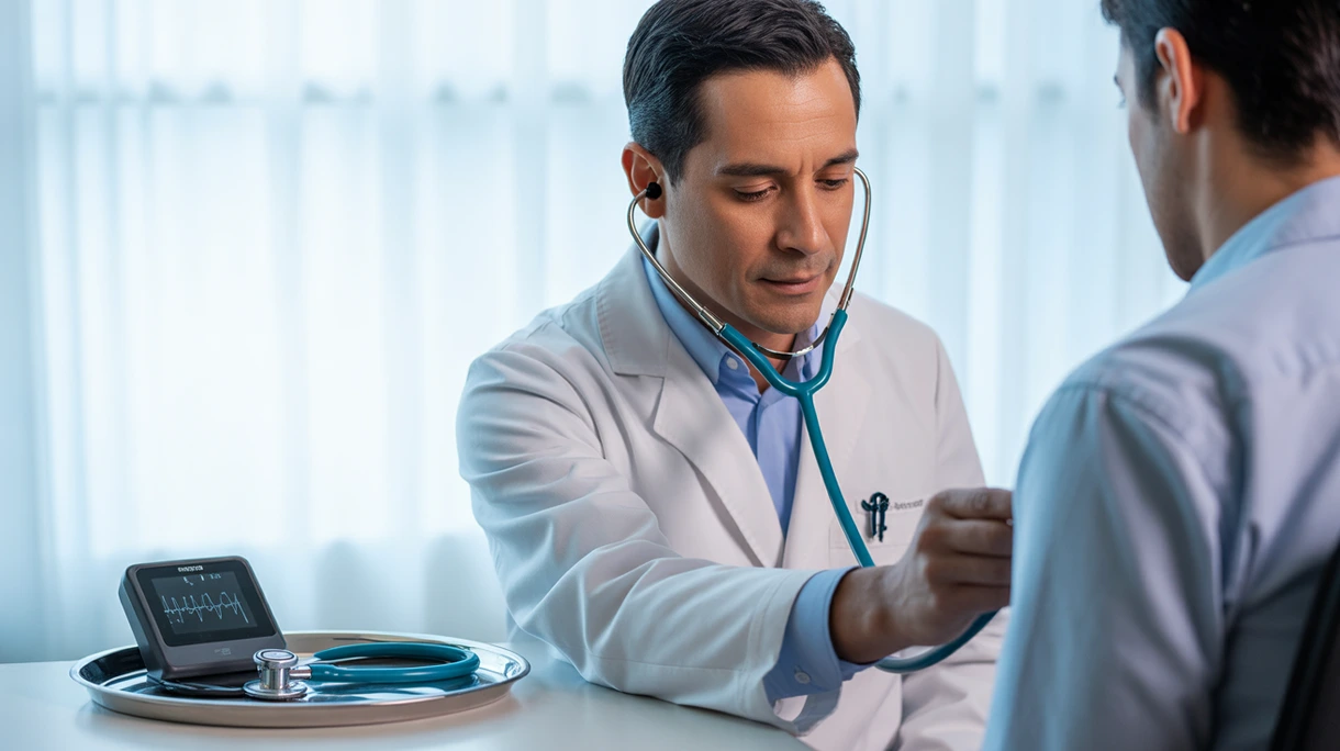 Un cardiologo in ambiente clinico che utilizza uno stetoscopio di alta qualità per eseguire l'esame cardiaco di un paziente in ospedale.