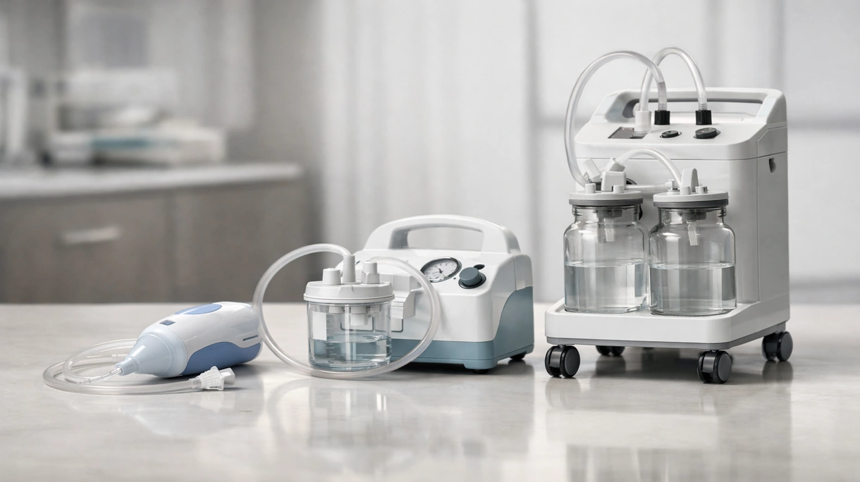 Professionista sanitario che utilizza un aspiratore di muco portatile su un paziente in un ambiente ospedaliero sterile di terapia intensiva.
