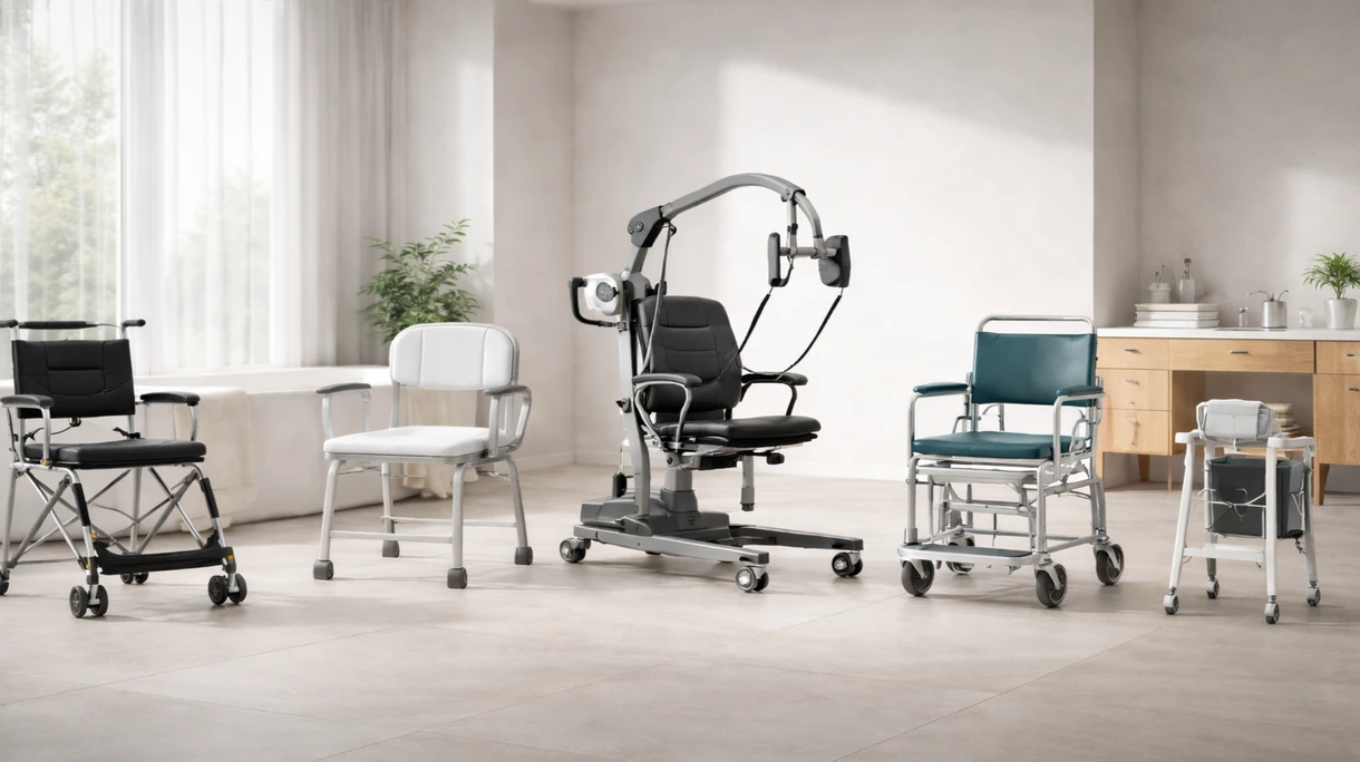 Professionista sanitario che utilizza una sedia portantina ergonomica per spostare in sicurezza un paziente attraverso un moderno corridoio ospedaliero.