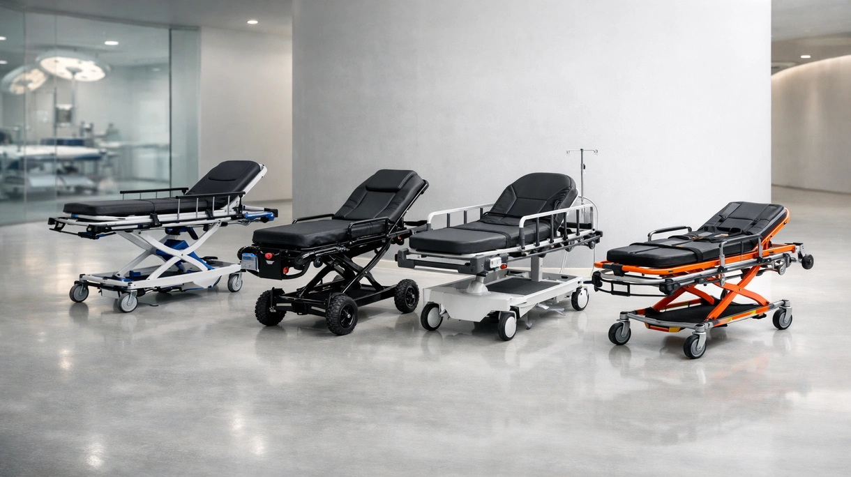 Personale clinico che manovra una barella con carrello idraulica attraverso un corridoio ospedaliero durante una procedura di trasporto d'emergenza di un paziente.