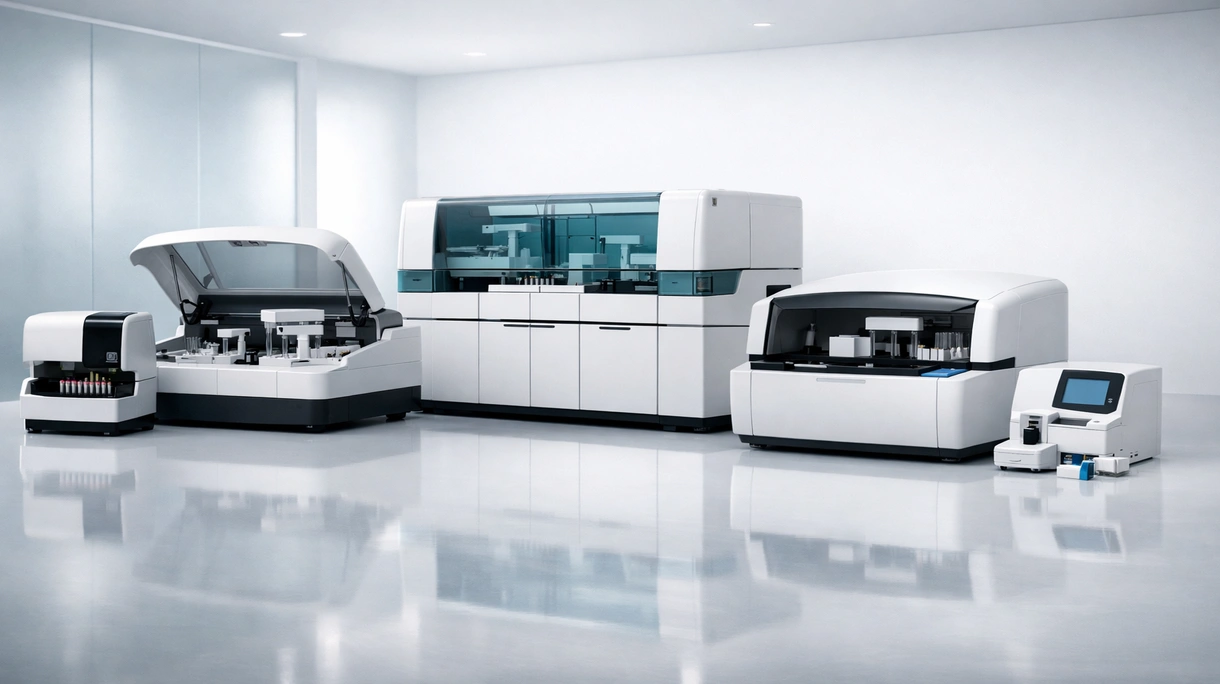 Tecnico di laboratorio clinico che carica i campioni dei pazienti in un analizzatore biochimico automatizzato ad alta produttività in un ospedale moderno.