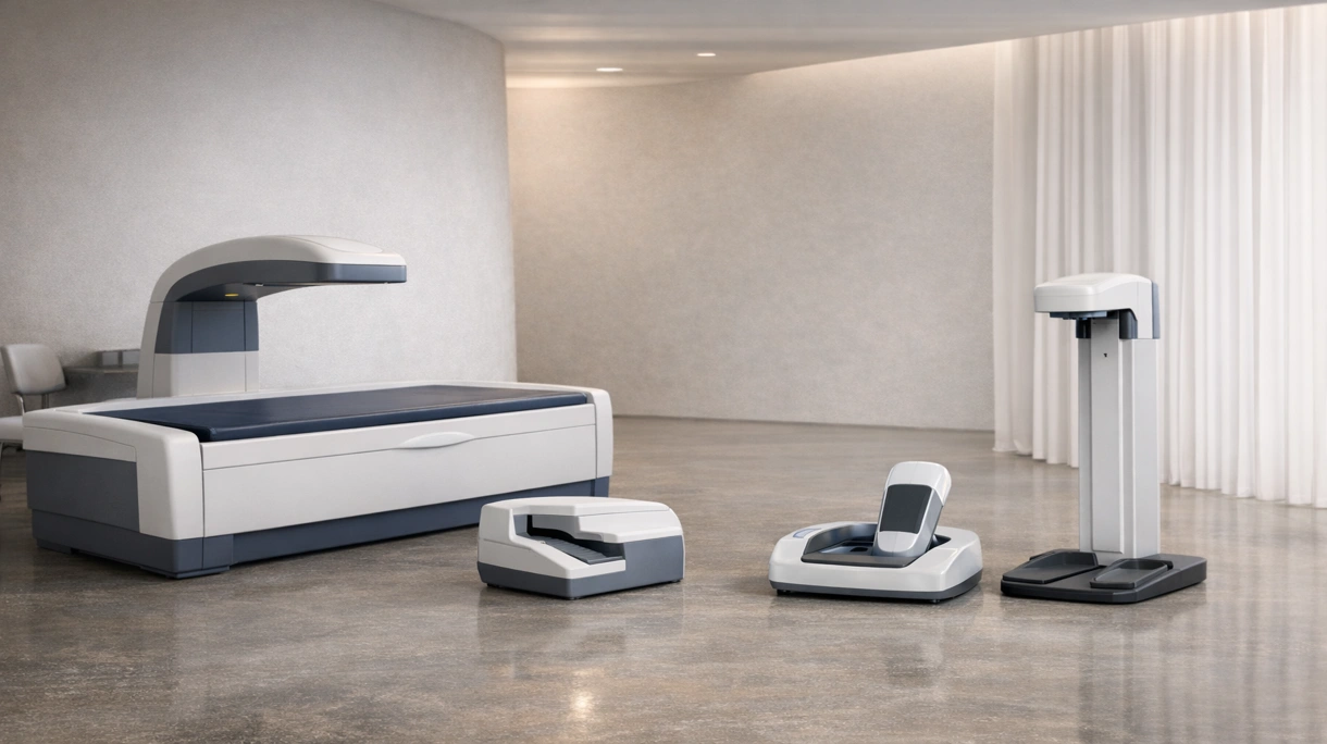 Scanner DXA clinico in uso per l'esame dell'anca di un paziente in una sala radiologica sterile, con tecnico che monitora l'avanzamento.