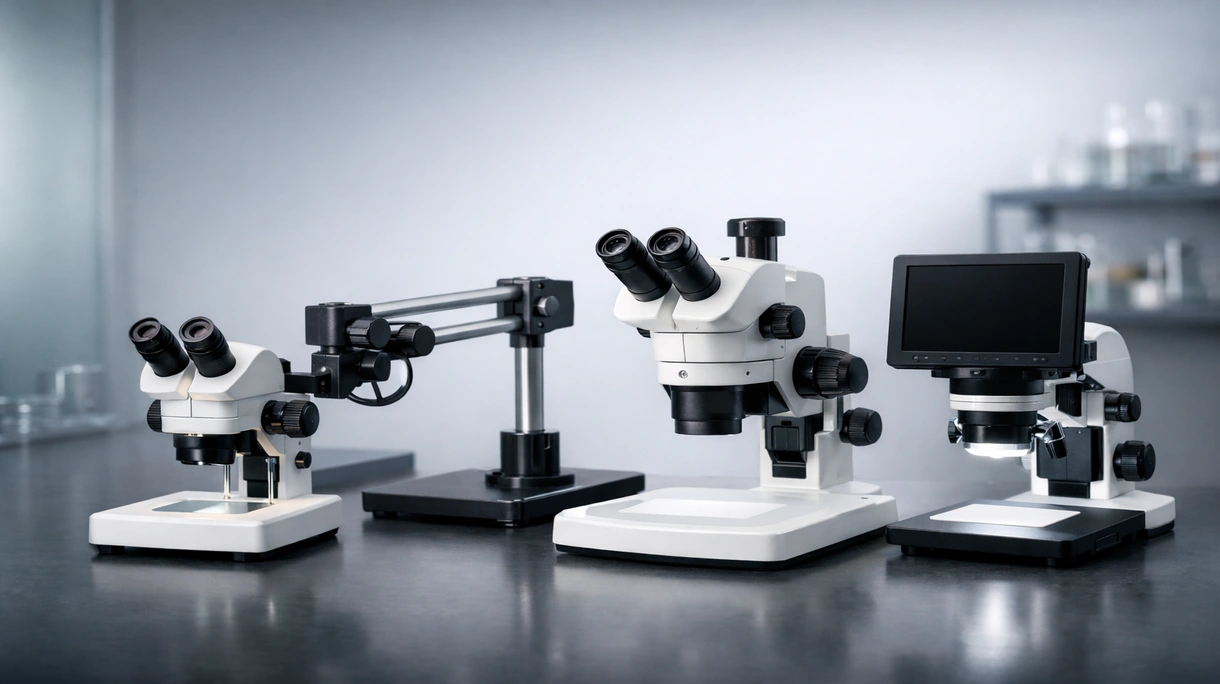 Chirurgo che utilizza uno stereomicroscopio medicale per microchirurgia in una sala operatoria sterile con configurazione ergonomica.