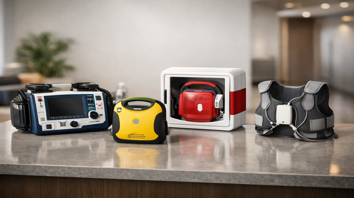 Paramedico che utilizza un defibrillatore esterno professionale su un paziente durante un intervento medico di emergenza in un contesto clinico.