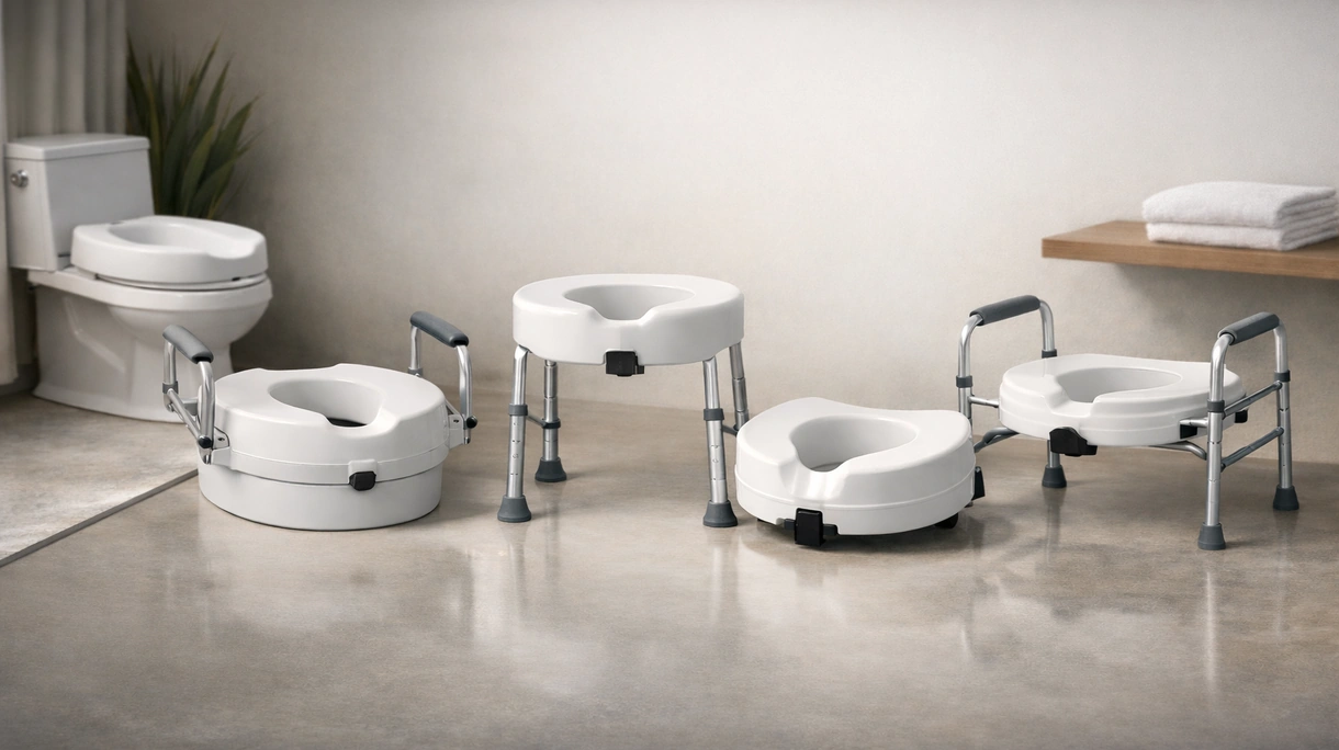 Rialzo per WC ortopedico professionale installato su un sanitario clinico con barre laterali di sicurezza integrate.