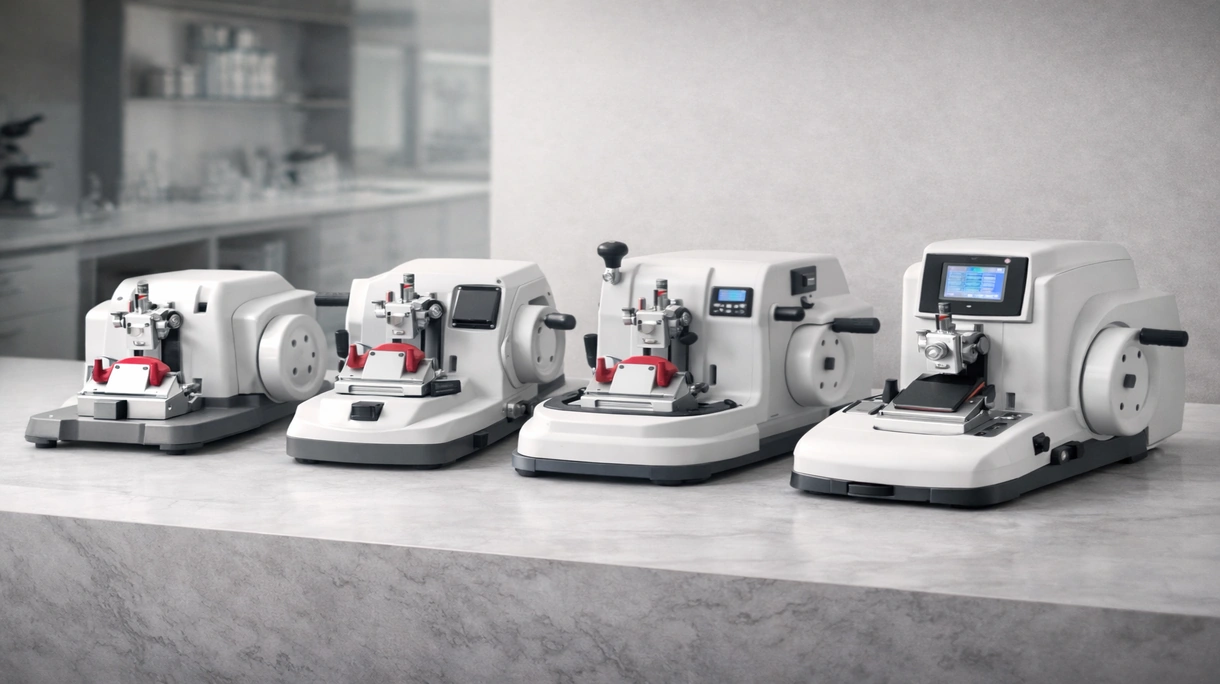 Patologo che utilizza un microtomo rotativo in un laboratorio di istologia per creare sezioni sottili di tessuto per la preparazione di vetrini diagnostici.