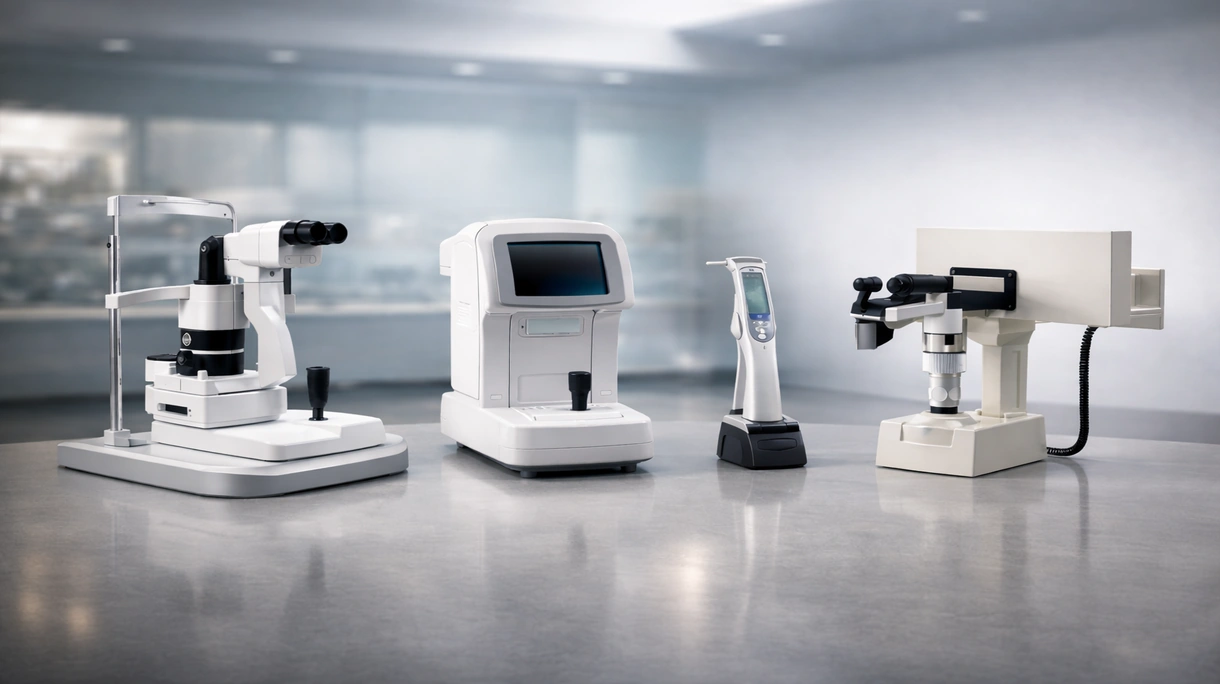 Oculista che esegue un test della pressione oculare su un paziente utilizzando un tonometro professionale a soffio (non a contatto).