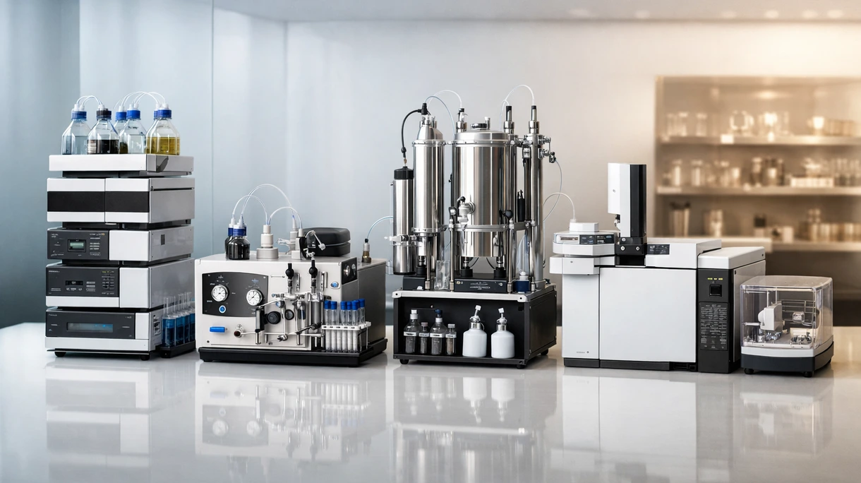 Tecnico di laboratorio clinico che carica campioni di pazienti in un sistema di cromatografia liquida automatizzato in ambiente sterile.