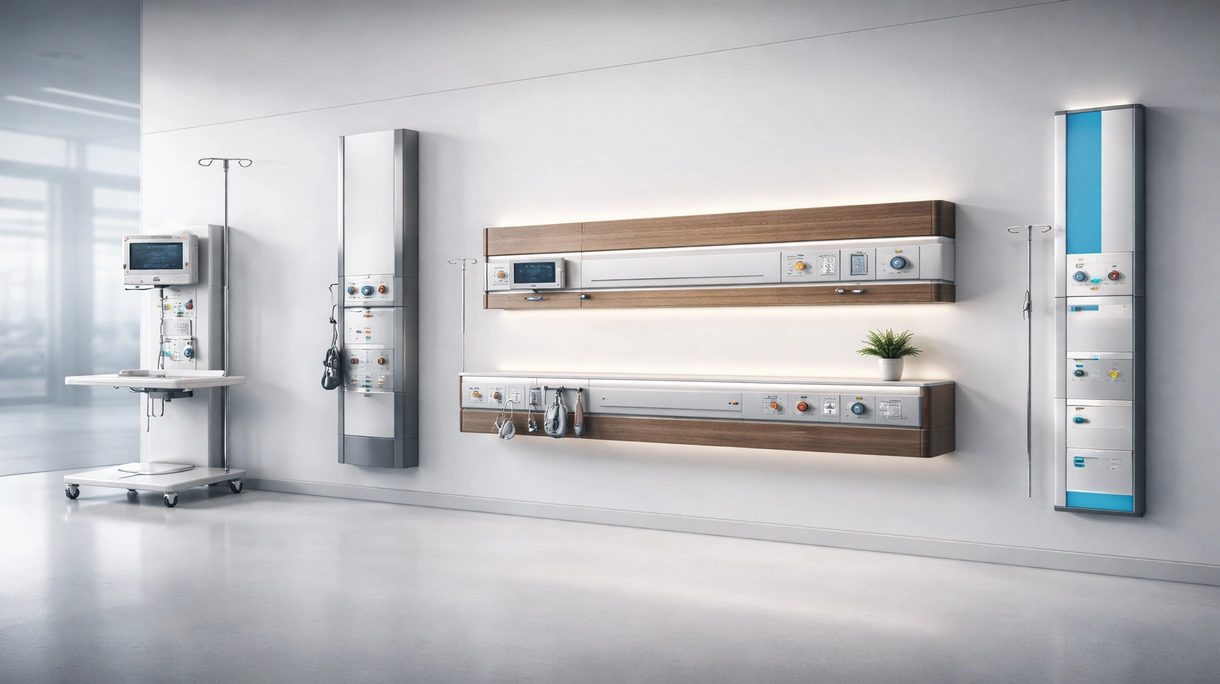 Trave testaletto medicale orizzontale installata in una moderna camera d'ospedale dotata di prese per gas integrate e sistemi di illuminazione per esami a LED.