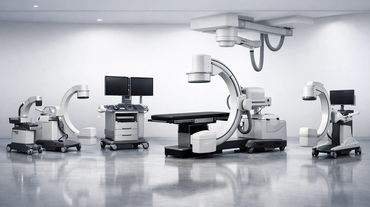Chirurghi in una sala operatoria sterile posizionano un amplificatore di brillanza mobile per la guida fluoroscopica in tempo reale durante una procedura ortopedica.