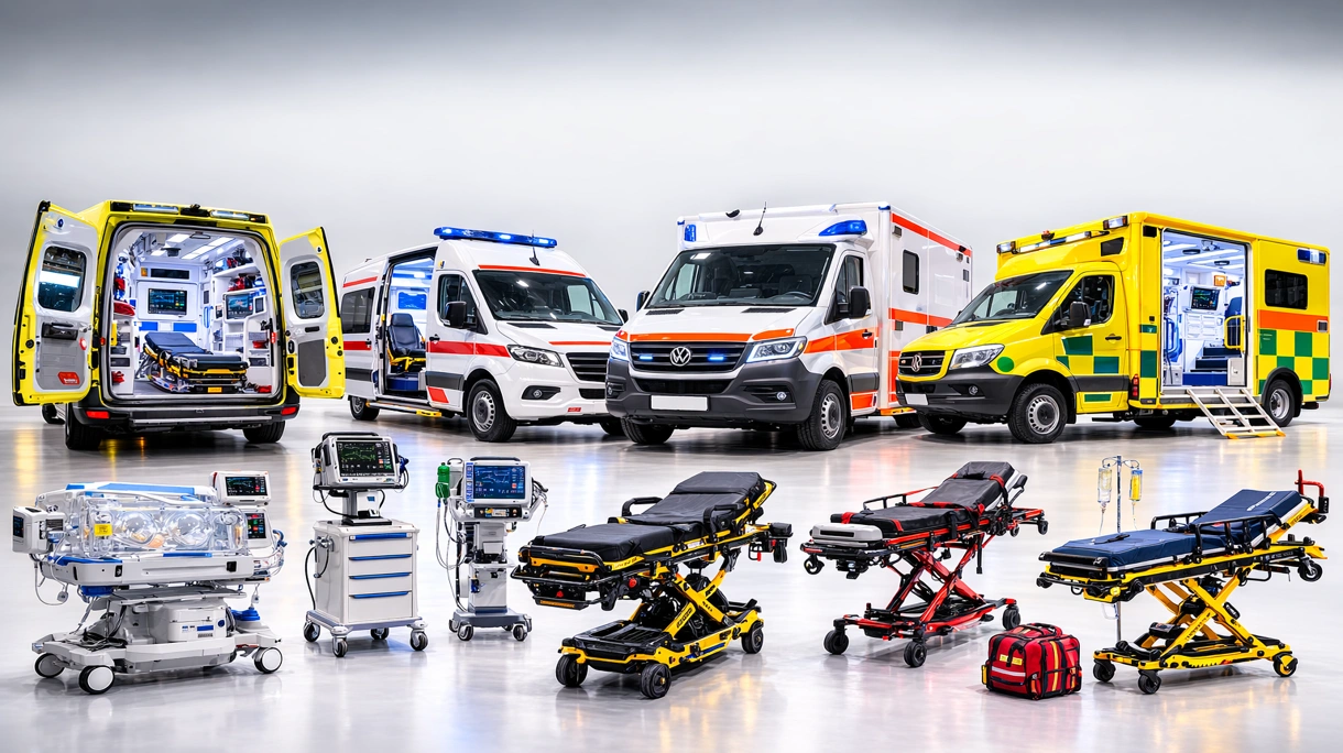Equipe medica professionale che utilizza un ventilatore per terapia intensiva all'interno di un'ambulanza per terapia intensiva completamente attrezzata durante il trasporto.
