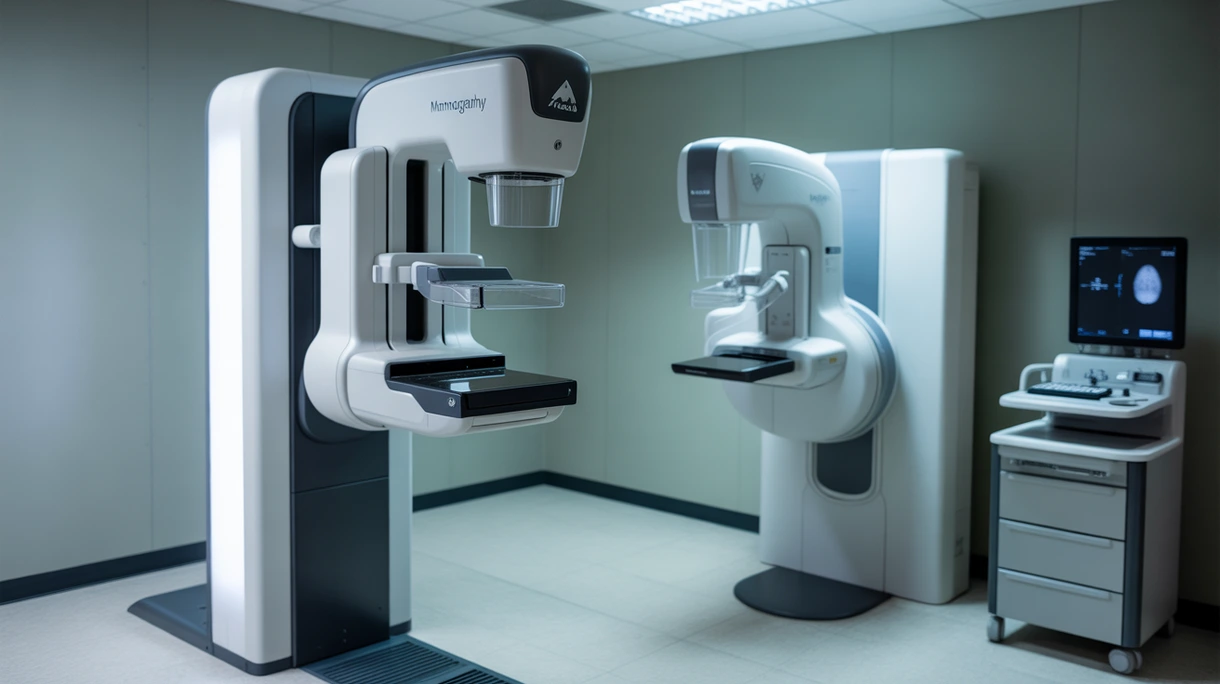 Un radiologo clinico posiziona una paziente per un esame diagnostico del seno utilizzando un moderno sistema di imaging mammografico digitale.