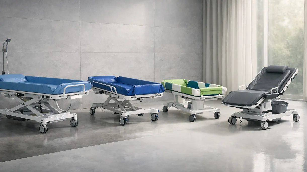 Professionista sanitario che utilizza un carrello da doccia regolabile in altezza per trasportare in sicurezza un paziente in un ambiente bagno ospedaliero sterile.