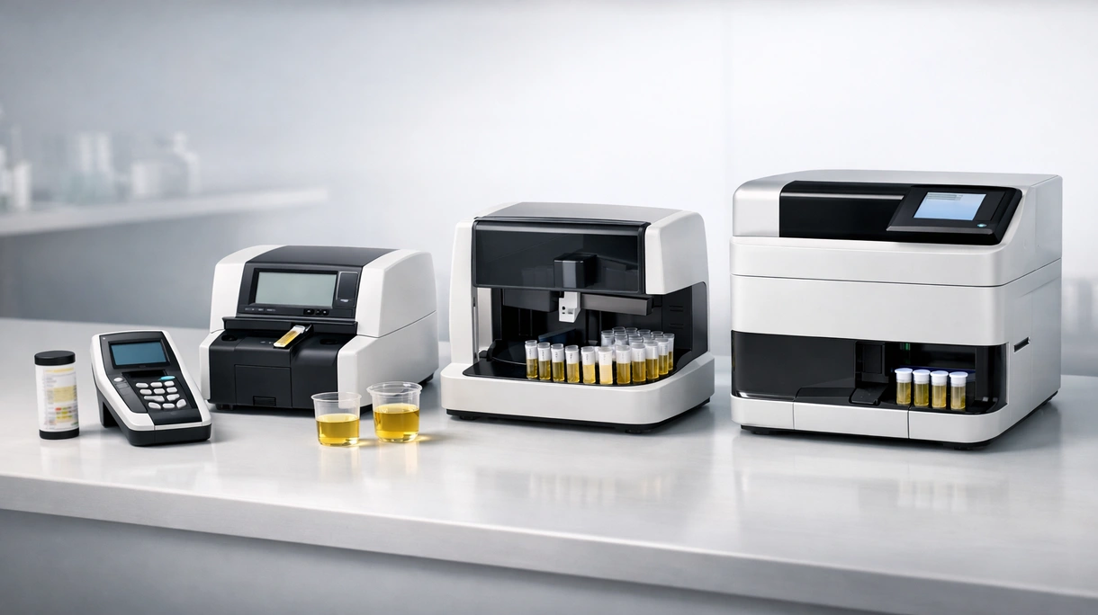 Tecnico di laboratorio clinico che processa campioni di pazienti utilizzando un analizzatore di urina automatizzato in una struttura medica ad alta produttività.