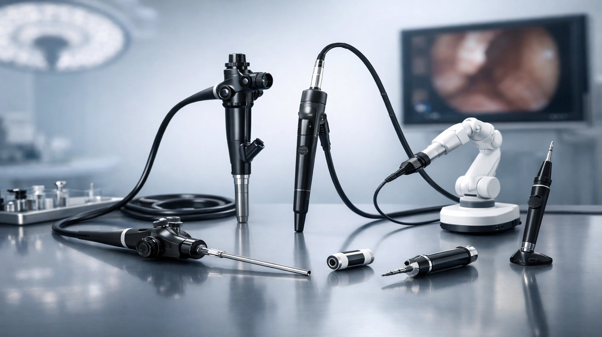 Gastroenterologo che esegue una procedura diagnostica utilizzando un endoscopio medico flessibile in una sala operatoria ospedaliera sterile.
