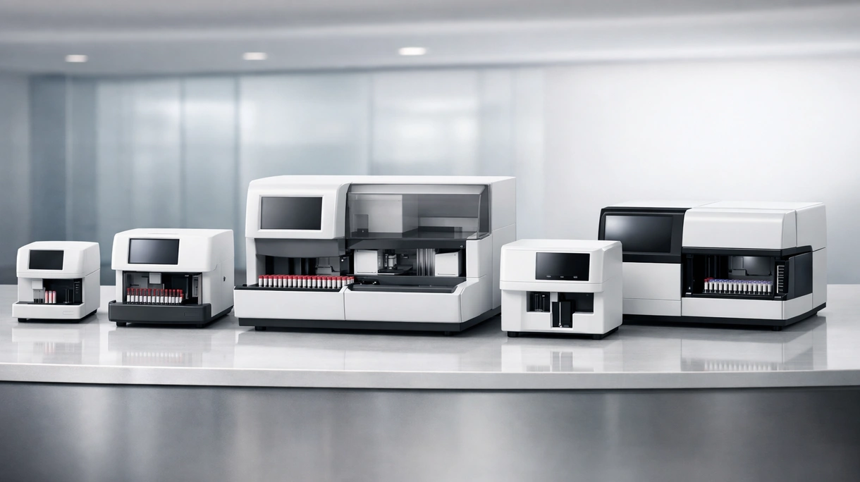 Professionista di laboratorio che carica campioni di sangue in un analizzatore ematologico automatizzato all'interno di un moderno ambiente ospedaliero clinico.