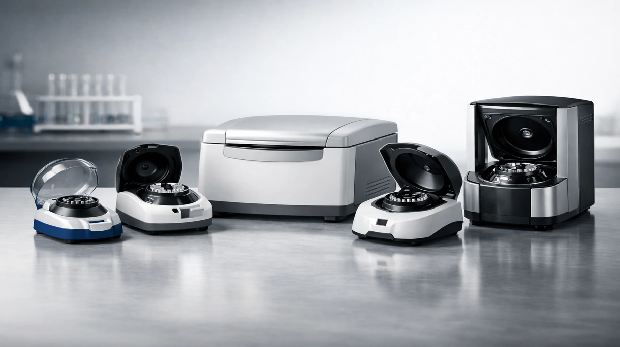 Tecnico di laboratorio che inserisce provette per microcentrifuga in un rotore ad alta velocità all'interno di un ambiente di lavoro sterile per la diagnostica patologica clinica.
