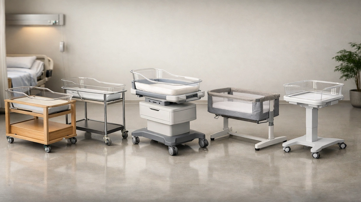 Culla pediatrica regolabile in altezza posizionata accanto a un letto da maternità in una moderna stanza d'ospedale per cure neonatali.