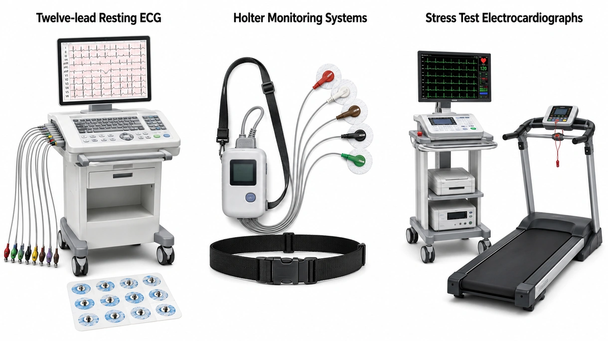 Vista tecnica dello schermo di un elettrocardiografo ad alta risoluzione che mostra forme d'onda cardiache in tempo reale e dati di misurazione diagnostica digitale.