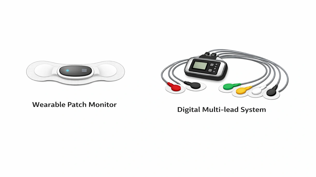 Primo piano tecnico dello schermo di un Holter digitale che visualizza forme d'onda ECG ad alta risoluzione e porte di connessione integrate per i terminali.
