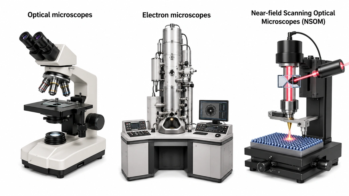 Primo piano di obiettivi apocromatici e manopole di regolazione micrometrica su un microscopio clinico da laboratorio.