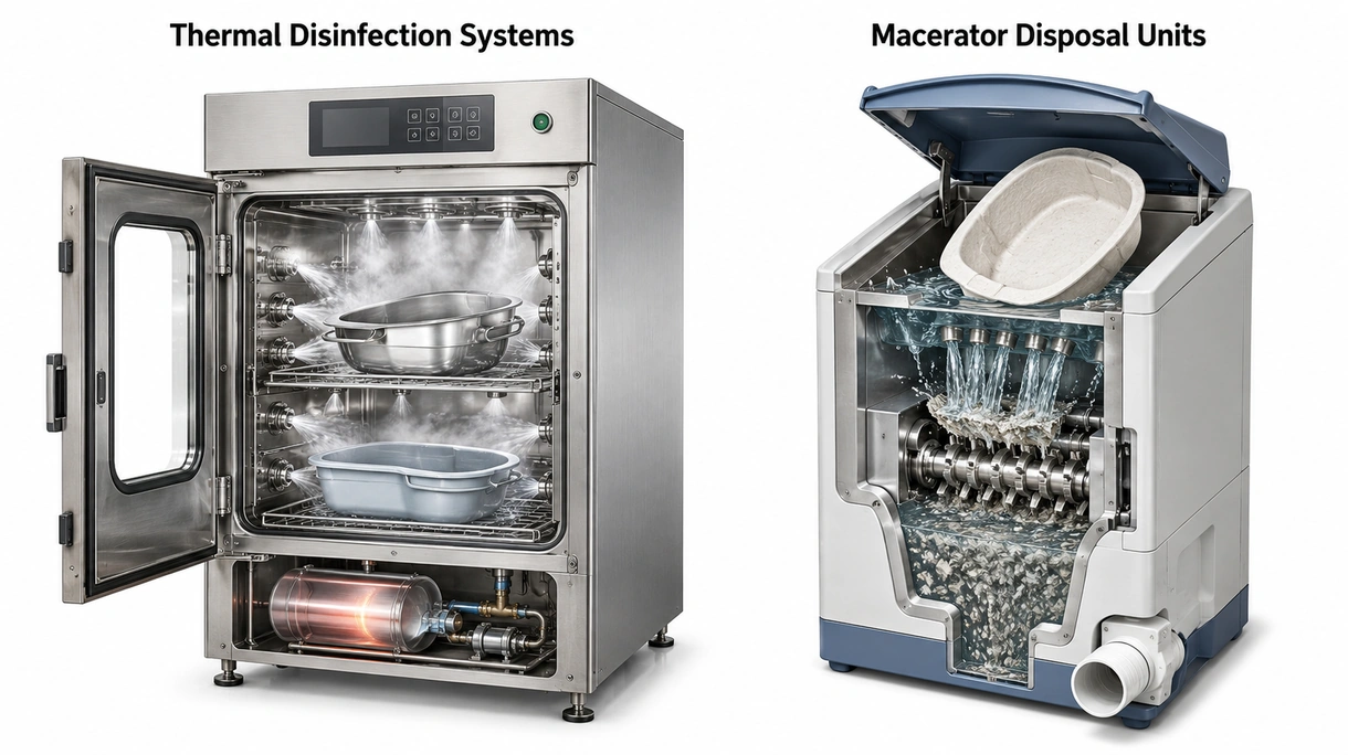 Primo piano degli ugelli interni in acciaio inox e dei sensori di disinfezione termica all'interno di una lavapadelle medica automatizzata.