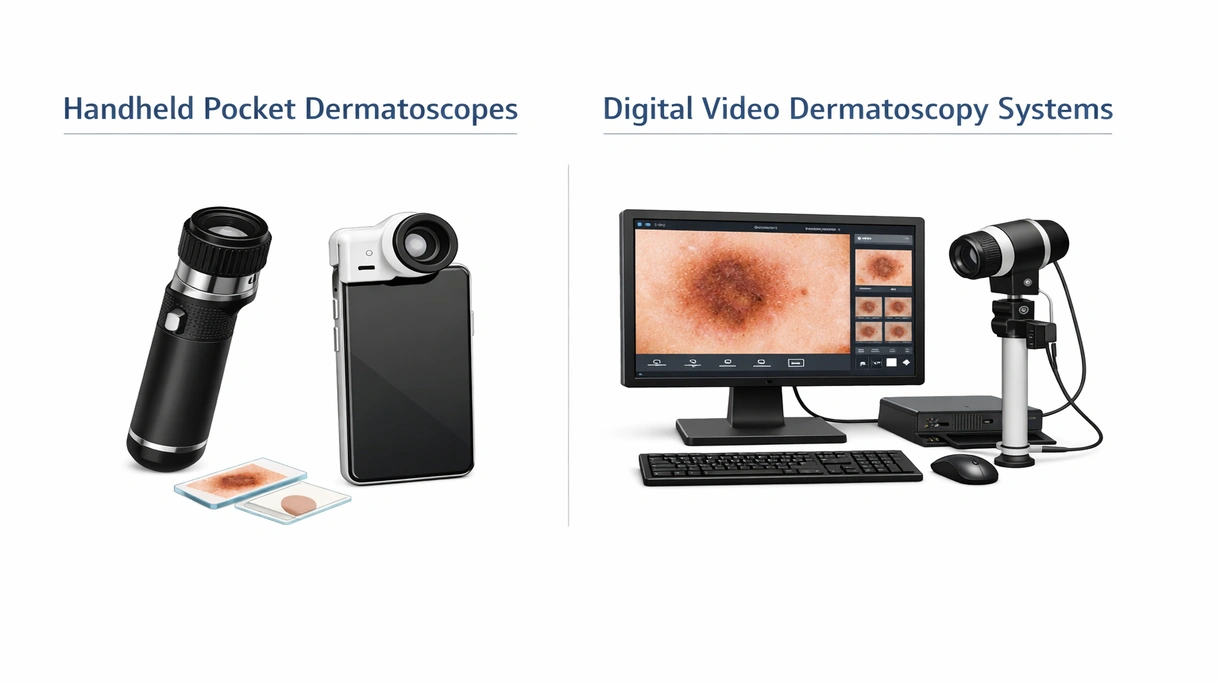 Primo piano tecnico del sistema di lenti di un dermatoscopio ad alta risoluzione che mostra l'illuminazione LED interna e i componenti ottici di precisione.