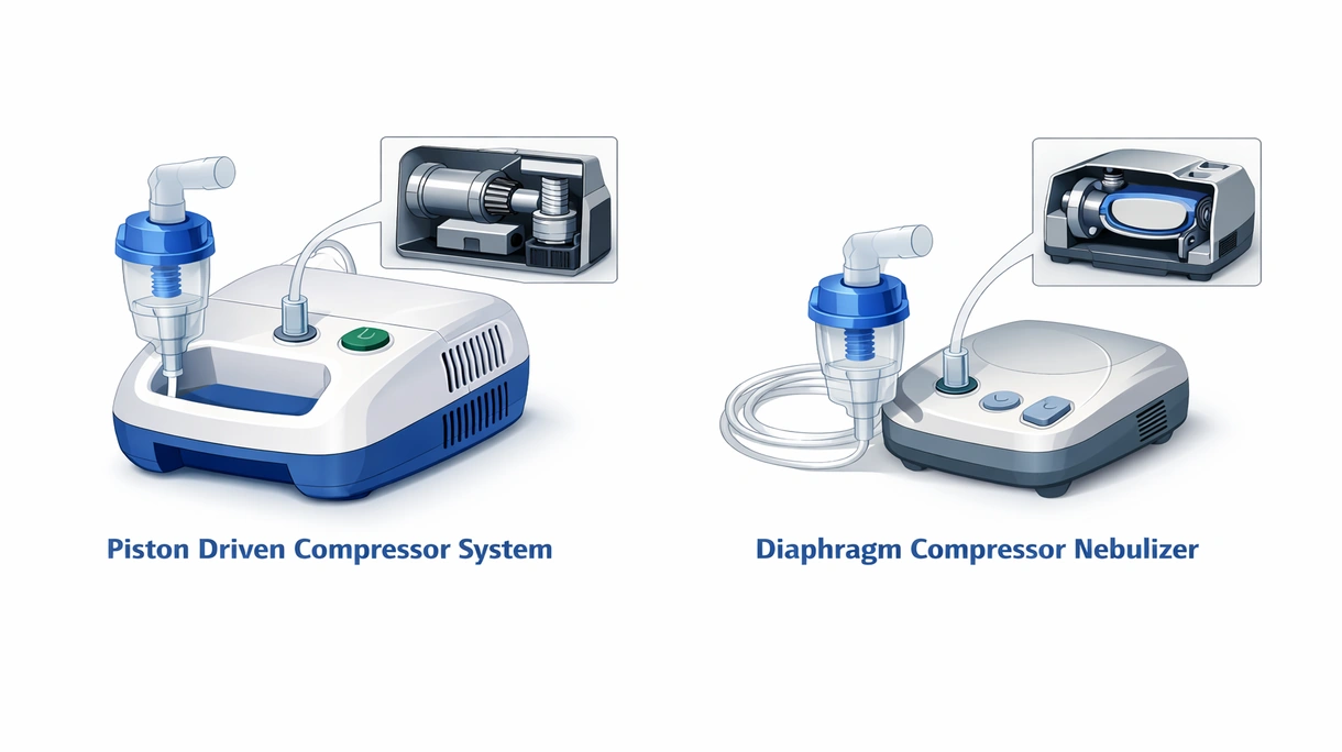 Primo piano dettagliato del filtro dell'aria e del connettore dei tubi di un nebulizzatore con compressore medicale, che illustra la costruzione di livello professionale.