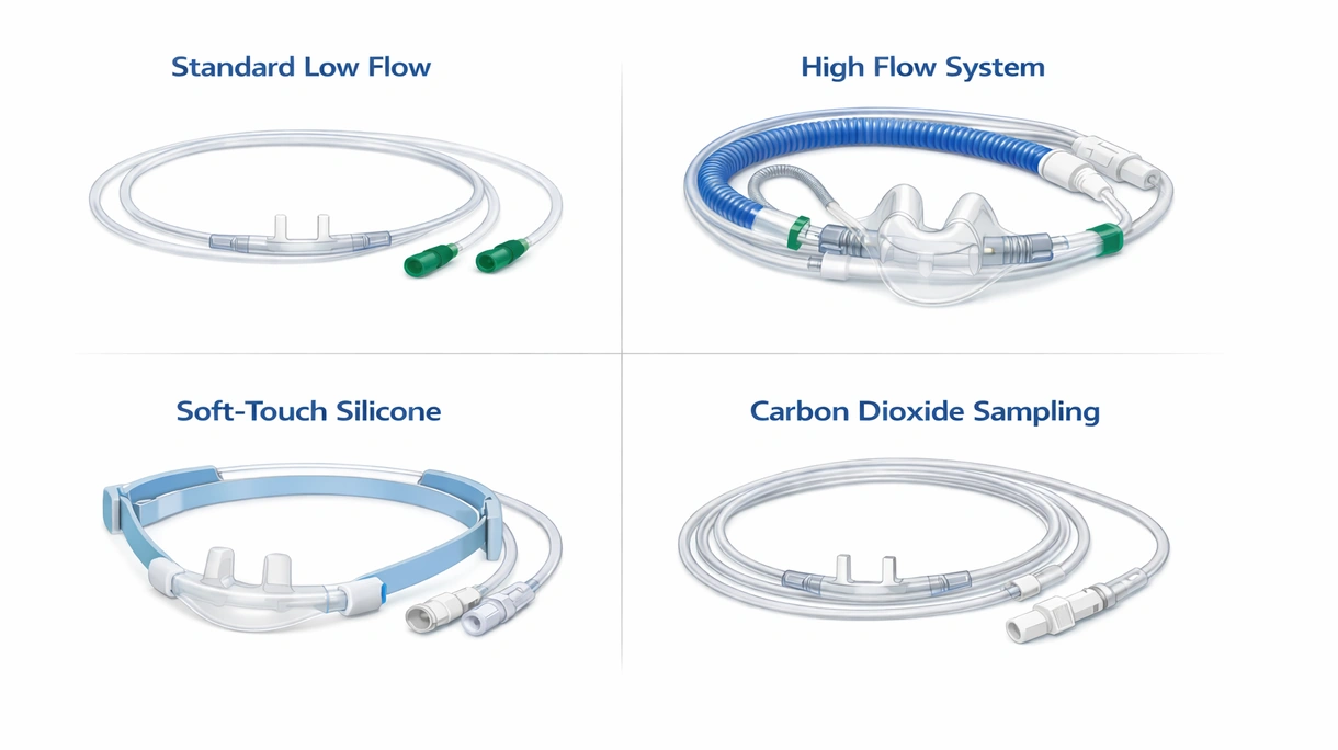 Vista macro di una cannula nasale soft-touch che mostra le forcelle anatomiche curve e la struttura del tubo anti-schiacciamento con lume a stella.