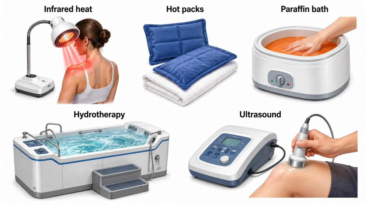 Primo piano tecnico dei sensori di precisione della temperatura e dei componenti interni dell'elemento riscaldante resistivo di un'unità di terapia termica.