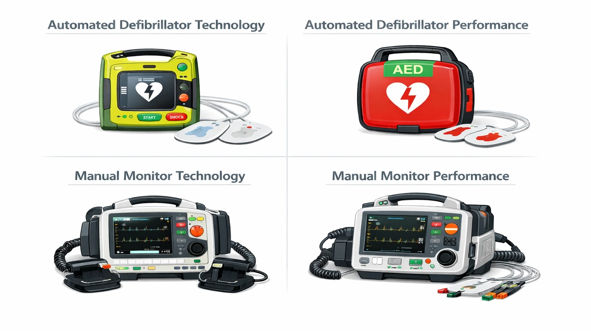 Primo piano dello schermo di un defibrillatore bifasico che mostra il monitoraggio della frequenza cardiaca e i pulsanti di selezione dell'energia per il personale medico.