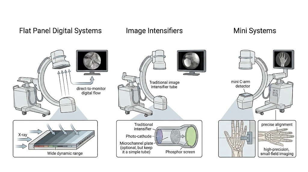 Vista ravvicinata di un detettore a pannello piatto ad alta risoluzione su un moderno amplificatore di brillanza, che mette in risalto l'elegante interfaccia digitale per uso medico.