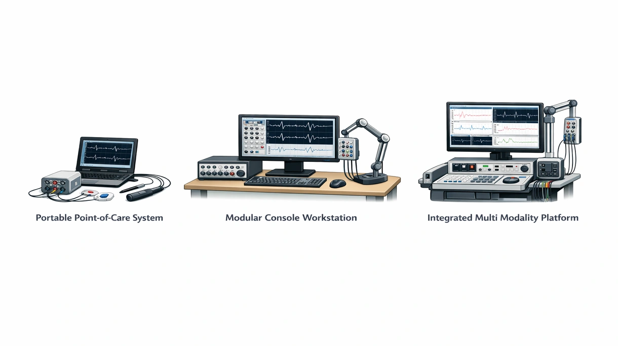 Primo piano tecnico di elettrodi EMG ad alta sensibilità e cavi schermati collegati a un amplificatore differenziale multicanale.