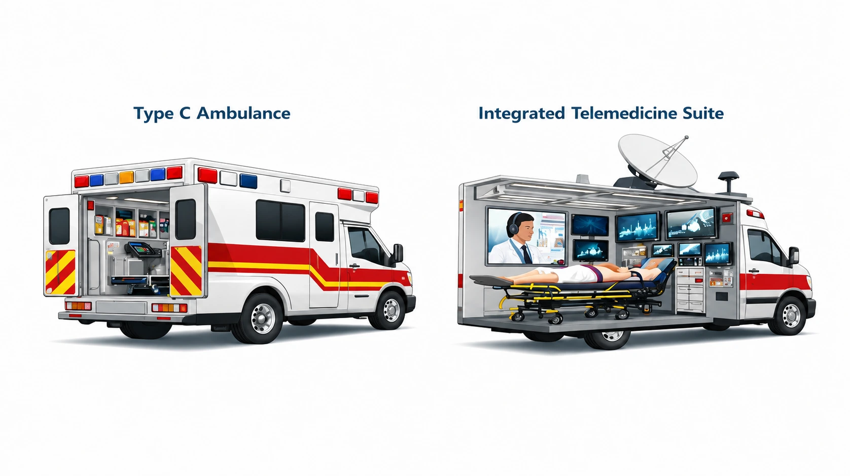Dettaglio tecnico di un sistema di montaggio rinforzato per apparecchiature mediche e pannello di controllo dell'alimentazione ausiliaria in un'ambulanza clinica.