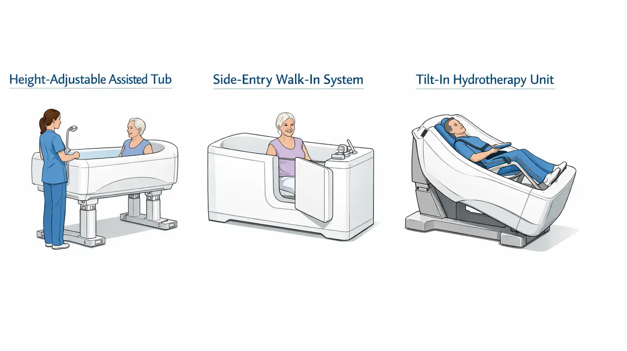 Primo piano del pannello di controllo digitale di una vasca da bagno ospedaliera che mostra il monitoraggio della temperatura e lo stato della disinfezione automatizzata.