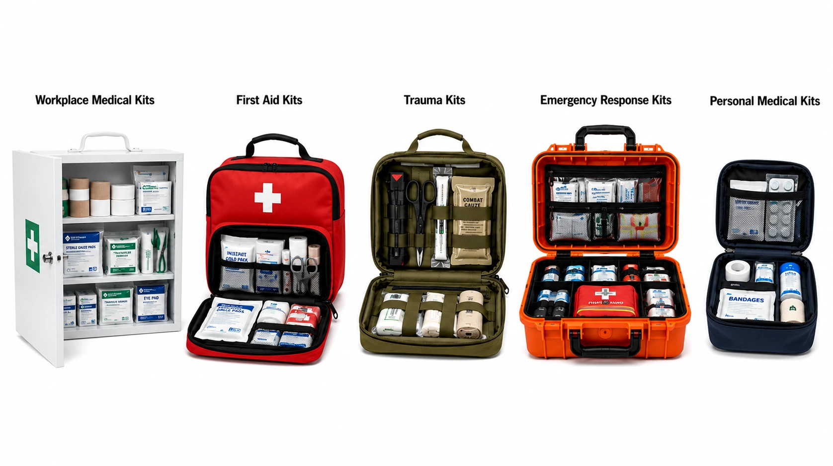 Primo piano di strumenti chirurgici specializzati e medicazioni sterili ordinatamente organizzati all'interno di un vassoio per kit medico in polimero di alta qualità.