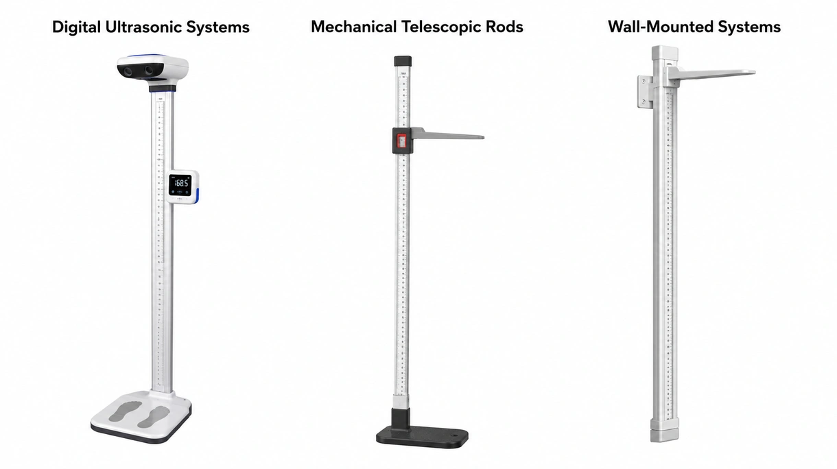 Primo piano del display di un misuratore d'altezza medico digitale che mostra misurazioni metriche precise e un cursore mobile resistente.