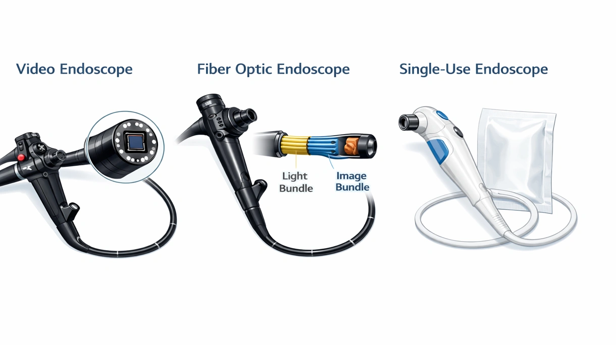 Vista tecnica macro della punta distale di un endoscopio che mostra il sensore CMOS, l'illuminazione a LED e l'apertura del canale di lavoro.