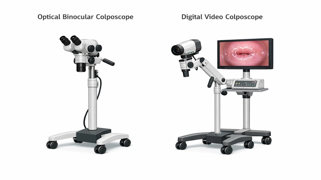 Primo piano tecnico della testa ottica di un colposcopio medicale che mostra le impostazioni di ingrandimento a più fasi e la sorgente luminosa LED integrata.