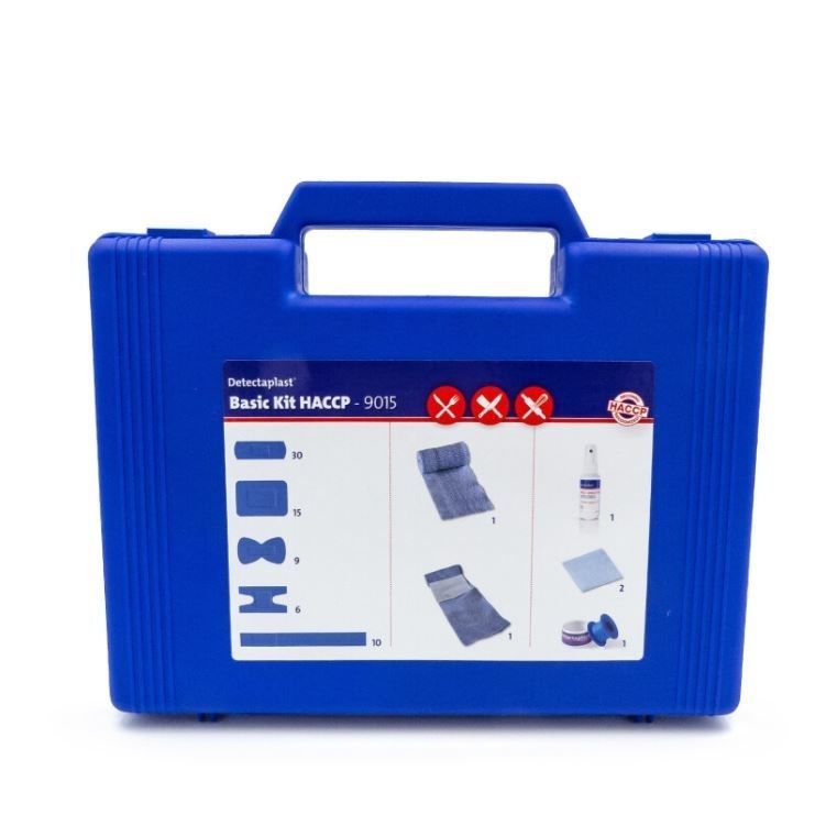 Detectaplast Kit di pronto soccorso per la ristorazione, kit di pronto soccorso per medicare le ferite, valigetta di pronto soccorso: cerotti, benda, nastro, spray disinfettante, 157 pezzi