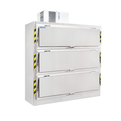 Cella mortuaria frigorifera per barelle mortuarie - NE-303-L - ANATHOMIC SOLUTIONS, S.L.U. - 3 salme / con caricamento laterale / con porta