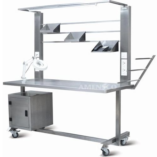 Tavolo di confezionamento di strumenti medici e chirurgici - PT 100M  - AMENSCO MEDICAL TECHNOLOGIES - rettangolare / su rotelle / in acciaio inossidabile