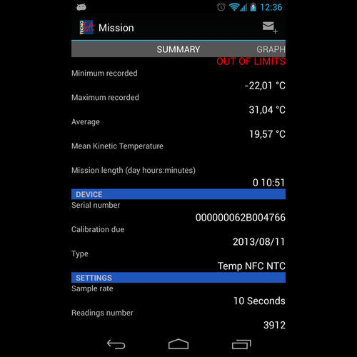 Applicazione android per registratore di temperatura - TempNFC Ent - Tecnosoft SRL - di gestione / per il monitoraggio della temperatura / di allarme