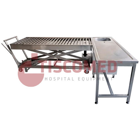 Tavolo di lavaggio salme - TOMU 6220 - Tiscomed - a forma di L / idraulico / in acciaio inossidabile